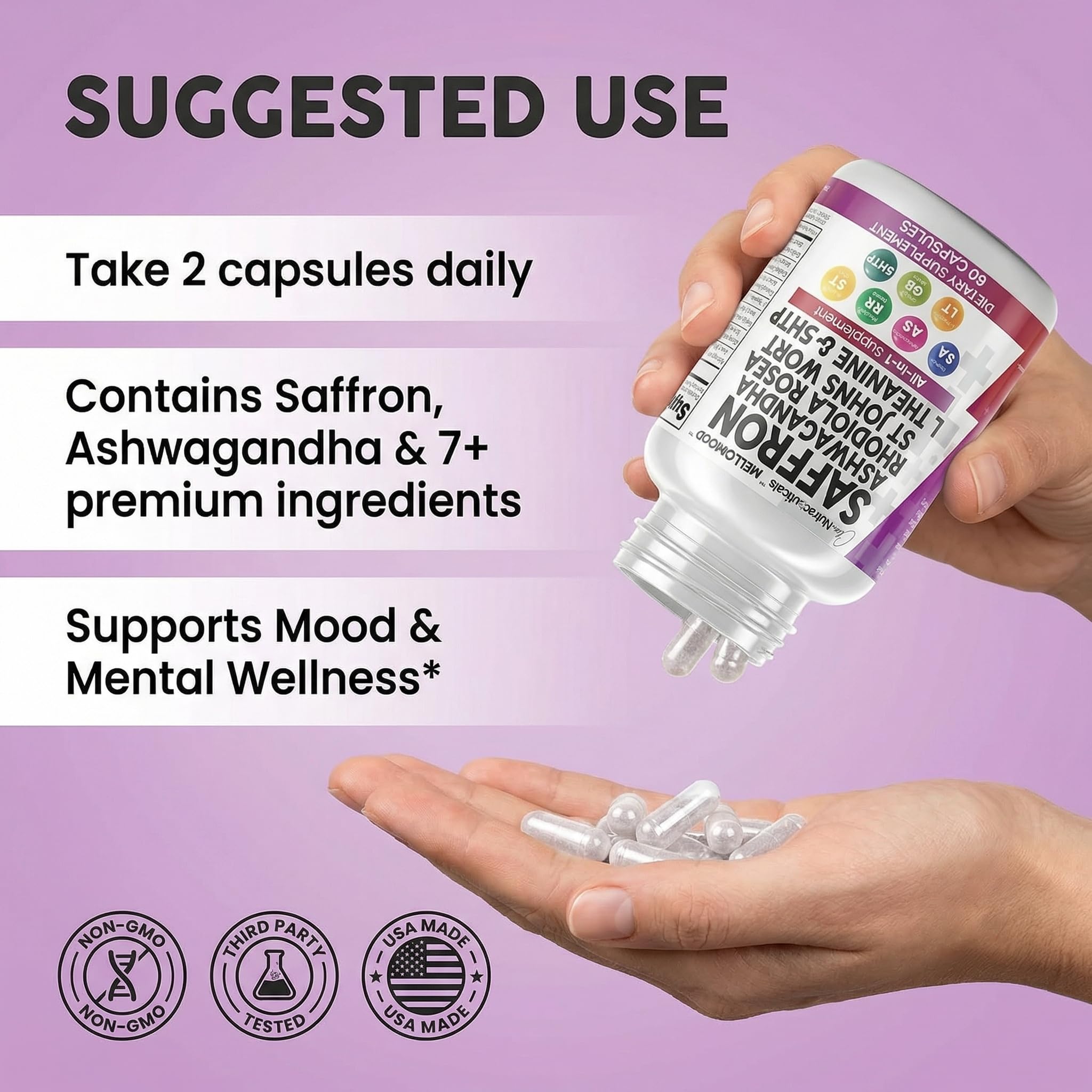 Clean Nutraceuticals Saffron Supplements Extract 100mg + Ashwagandha L-Theanine 200mg - Mood Support Ginkgo Biloba, St. John's Wort, Rhodiola Rosea & 5-HTP Capsules Pills Men Women - Maple Wellness Supplements