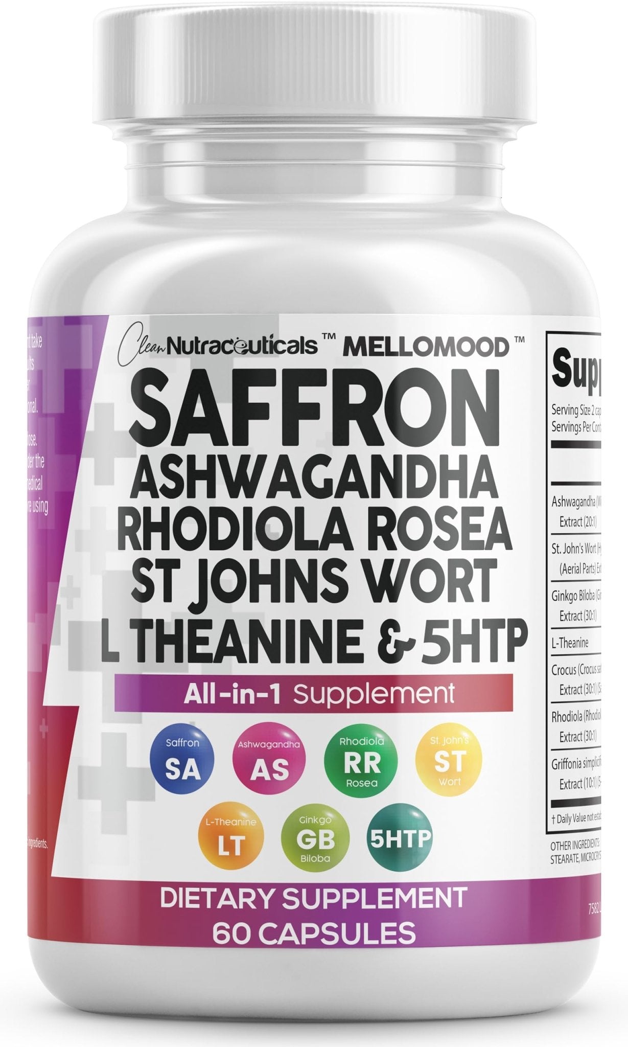 Clean Nutraceuticals Saffron Supplements Extract 100mg + Ashwagandha L-Theanine 200mg - Mood Support Ginkgo Biloba, St. John's Wort, Rhodiola Rosea & 5-HTP Capsules Pills Men Women - Maple Wellness Supplements