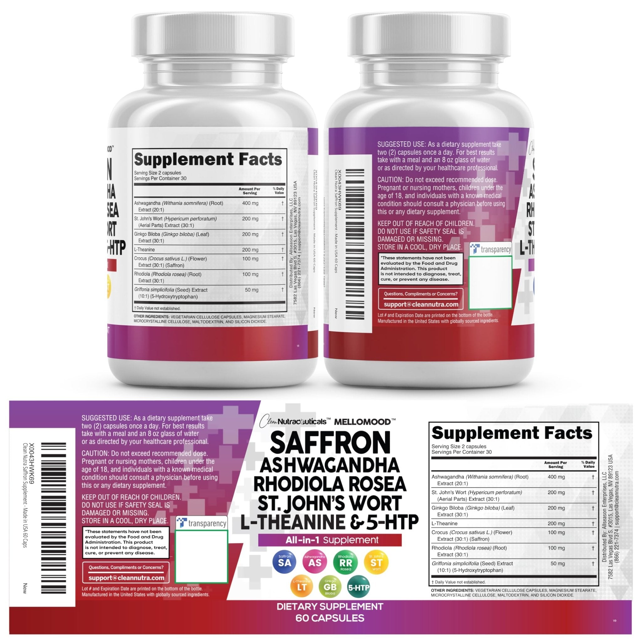Clean Nutraceuticals Saffron Supplements Extract 100mg + Ashwagandha L-Theanine 200mg - Mood Support Ginkgo Biloba, St. John's Wort, Rhodiola Rosea & 5-HTP Capsules Pills Men Women - Maple Wellness Supplements