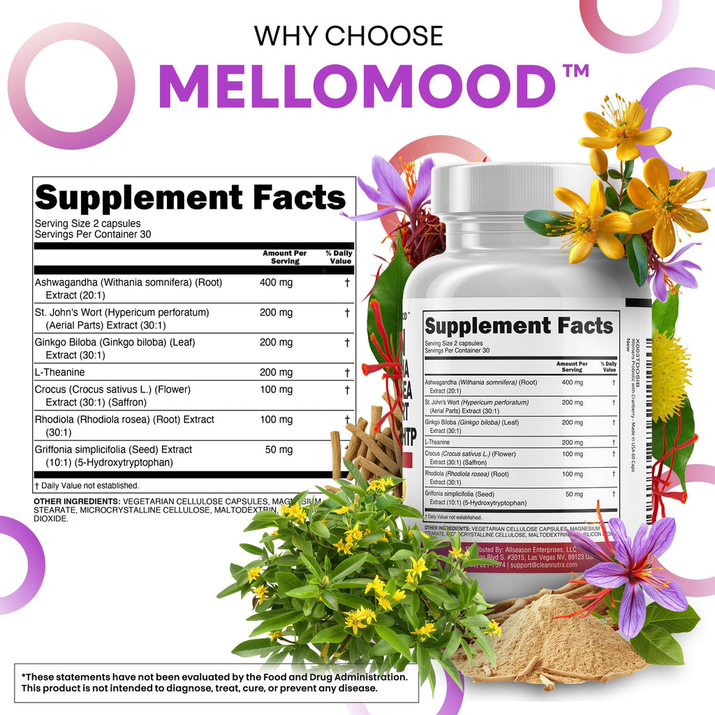 Clean Nutraceuticals Saffron Supplements Extract 100mg + Ashwagandha L-Theanine 200mg - Mood Support Ginkgo Biloba, St. John's Wort, Rhodiola Rosea & 5-HTP Capsules Pills Men Women - Maple Wellness Supplements