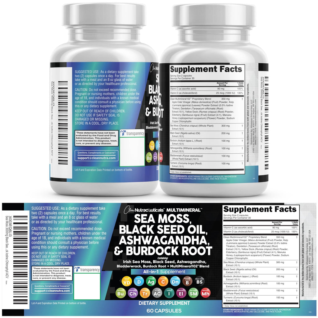 Clean Nutraceuticals Sea Moss Black Seed Oil Ashwagandha Turmeric Bladderwrack Burdock & Vitamin C Vitamin D3 with Elderberry - TrustMedUSA