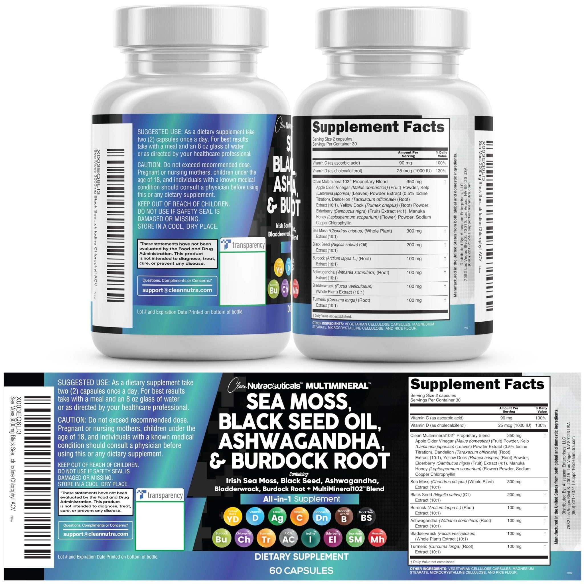 Clean Nutraceuticals Sea Moss Black Seed Oil Ashwagandha Turmeric Bladderwrack Burdock & Vitamin C Vitamin D3 with Elderberry - TrustMedUSA