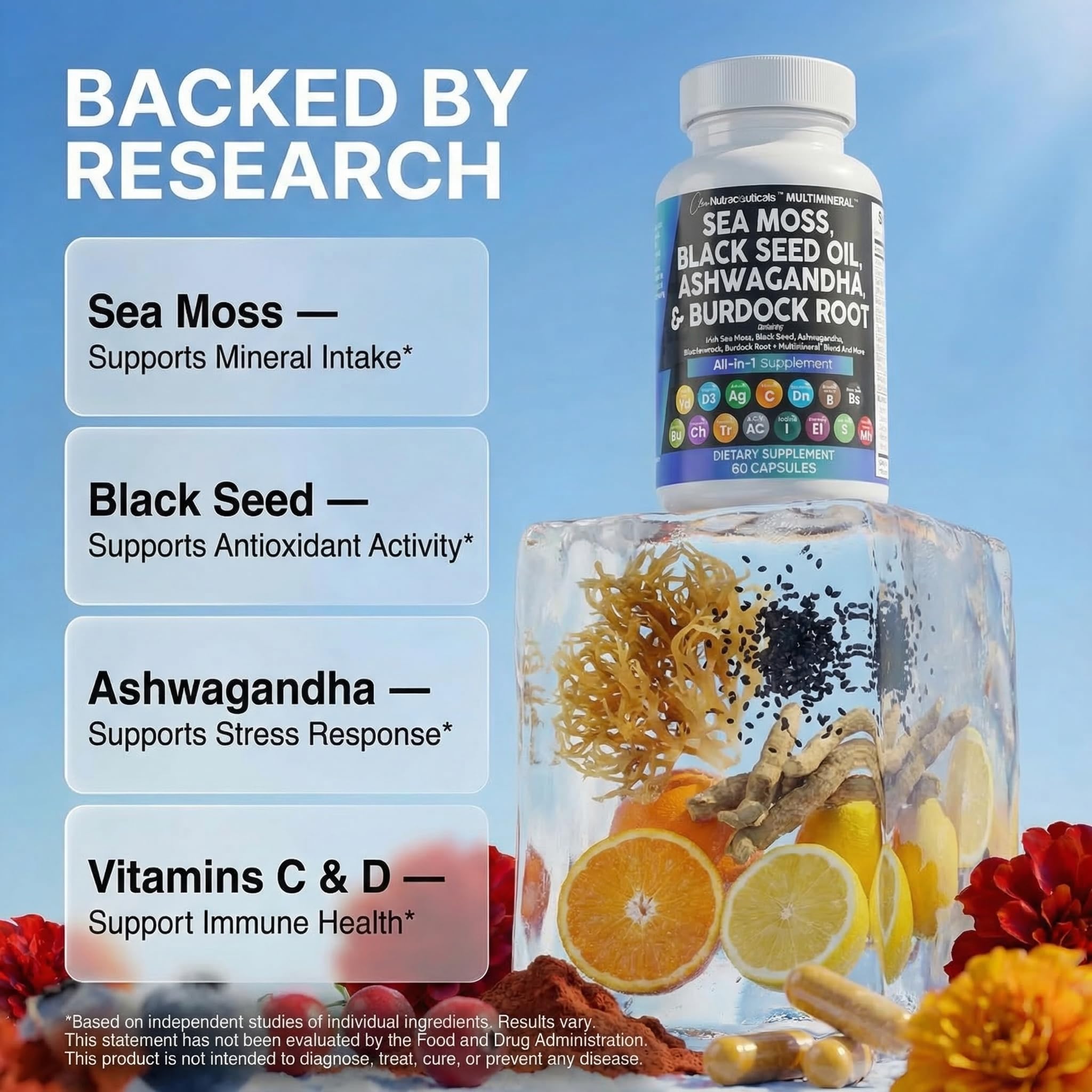 Clean Nutraceuticals Sea Moss Black Seed Oil Ashwagandha Turmeric Bladderwrack Burdock & Vitamin C Vitamin D3 with Elderberry - TrustMedUSA