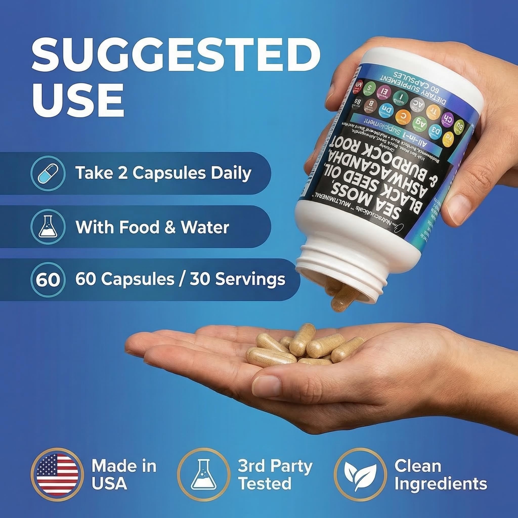 Clean Nutraceuticals Sea Moss Black Seed Oil Ashwagandha Turmeric Bladderwrack Burdock & Vitamin C Vitamin D3 with Elderberry - TrustMedUSA