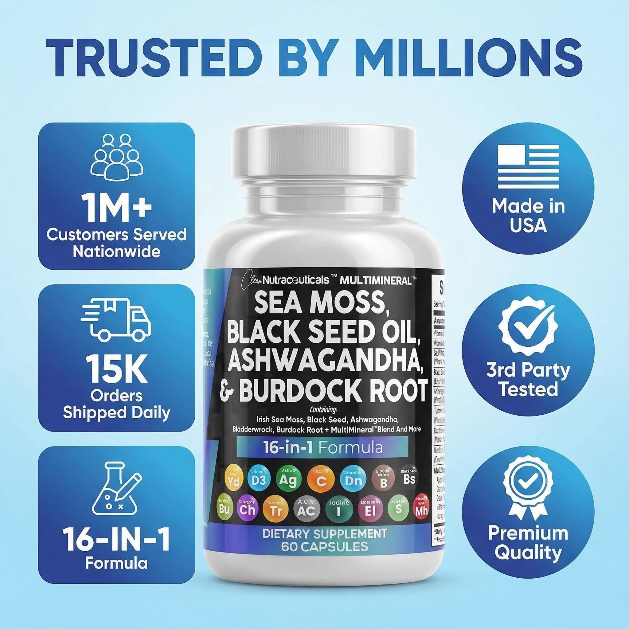 Clean Nutraceuticals Sea Moss Black Seed Oil Ashwagandha Turmeric Bladderwrack Burdock & Vitamin C Vitamin D3 with Elderberry - TrustMedUSA