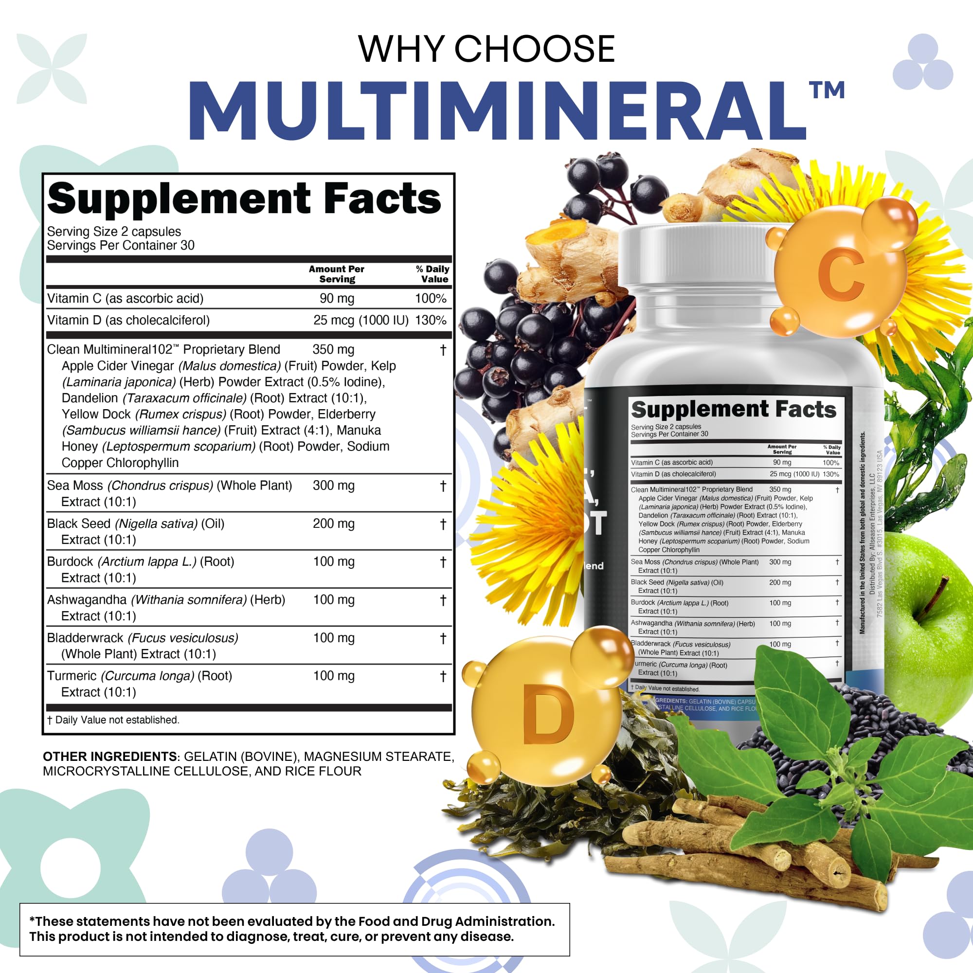 Clean Nutraceuticals Sea Moss Black Seed Oil Ashwagandha Turmeric Bladderwrack Burdock & Vitamin C Vitamin D3 with Elderberry - TrustMedUSA
