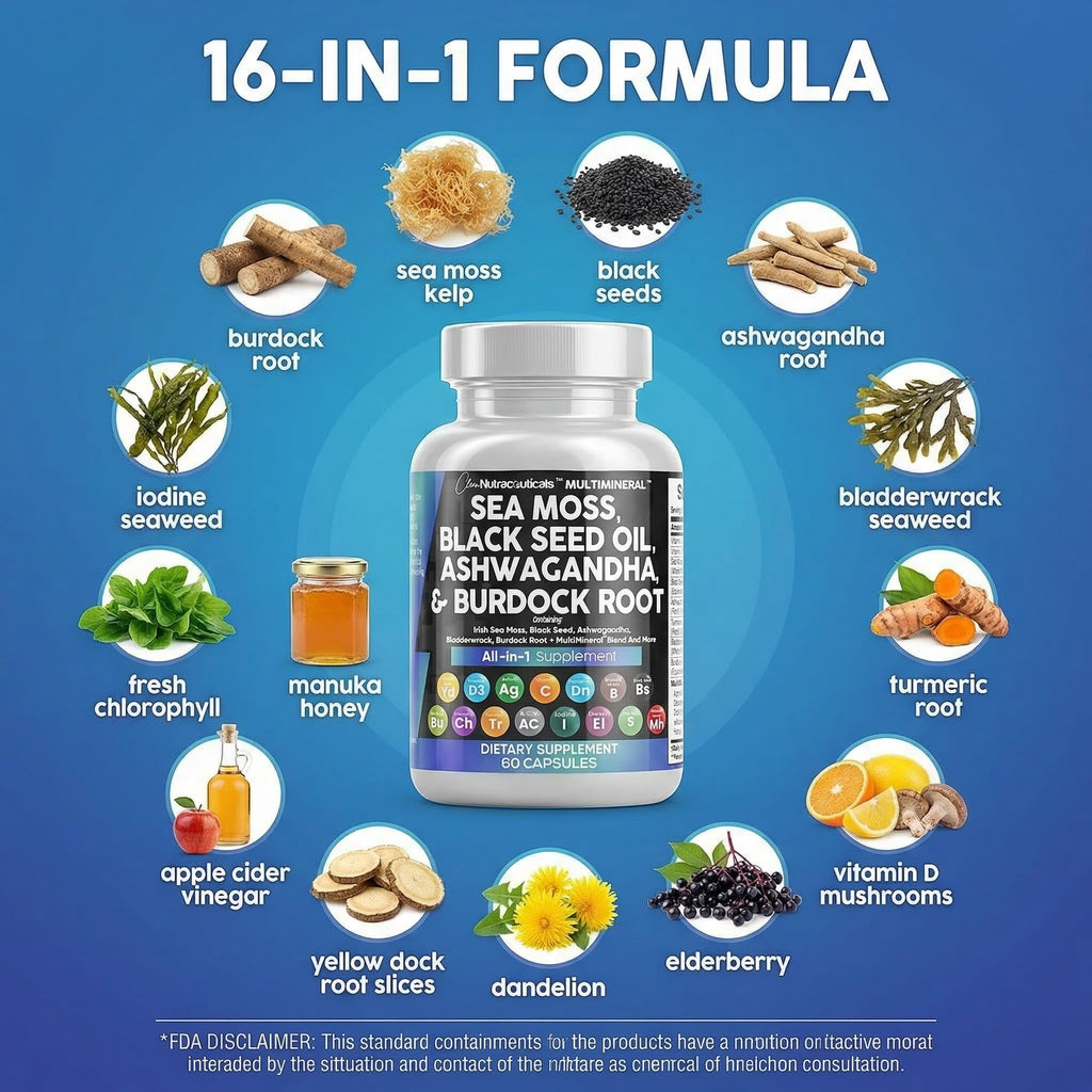 Clean Nutraceuticals Sea Moss Black Seed Oil Ashwagandha Turmeric Bladderwrack Burdock & Vitamin C Vitamin D3 with Elderberry - TrustMedUSA