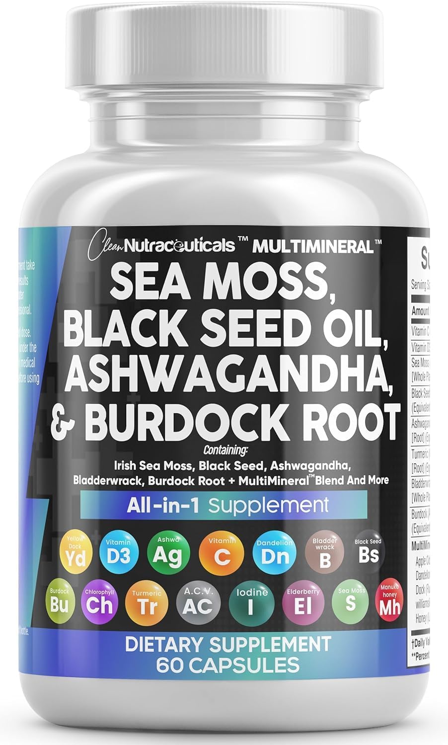 Clean Nutraceuticals Sea Moss Black Seed Oil Ashwagandha Turmeric Bladderwrack Burdock & Vitamin C Vitamin D3 with Elderberry - TrustMedUSA