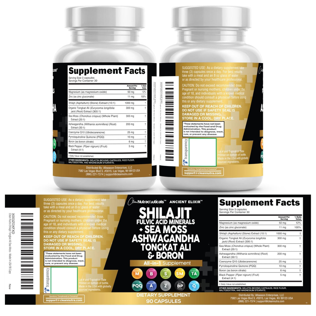 Clean Nutraceuticals Shilajit Supplement for Men with Sea Moss, Tongkat Ali, Ashwagandha, Boron, Zinc, CoQ10, PQQ - Fulvic Acid Capsules - Energy Support - 90 Count - Resin, Gummy & Powder Alternative - TrustMedUSA