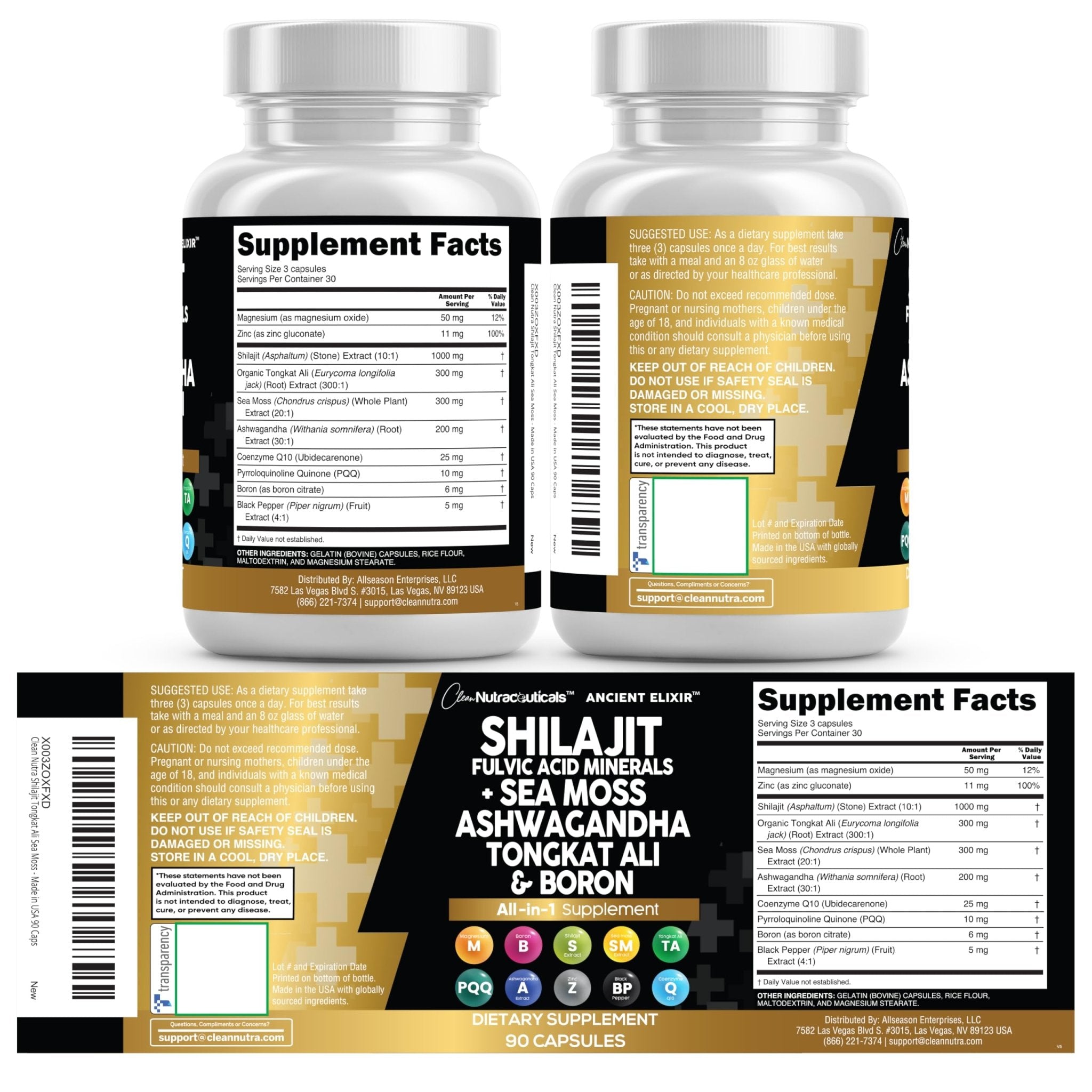 Clean Nutraceuticals Shilajit Supplement for Men with Sea Moss, Tongkat Ali, Ashwagandha, Boron, Zinc, CoQ10, PQQ - Fulvic Acid Capsules - Energy Support - 90 Count - Resin, Gummy & Powder Alternative - TrustMedUSA