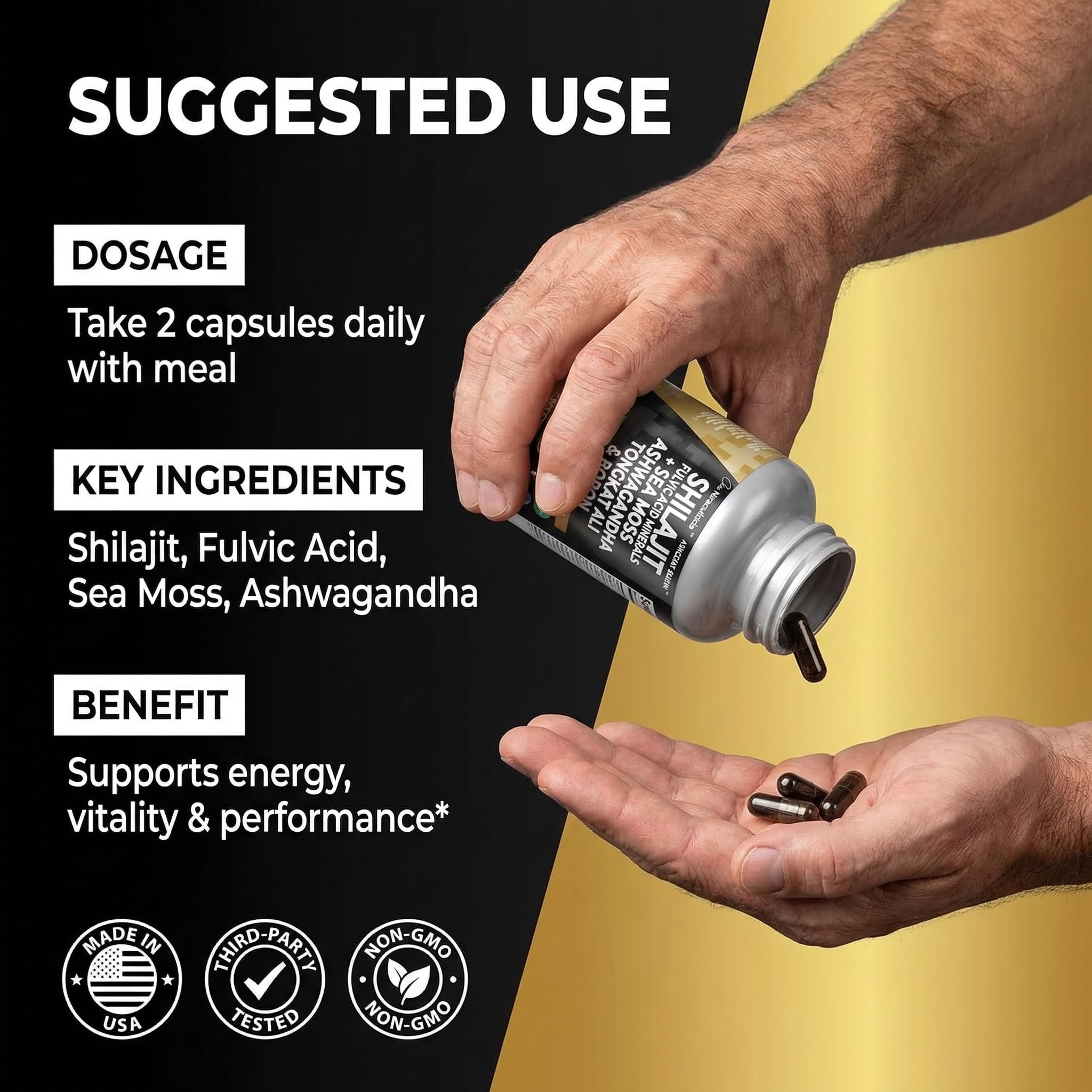 Clean Nutraceuticals Shilajit Supplement for Men with Sea Moss, Tongkat Ali, Ashwagandha, Boron, Zinc, CoQ10, PQQ - Fulvic Acid Capsules - Energy Support - 90 Count - Resin, Gummy & Powder Alternative - TrustMedUSA
