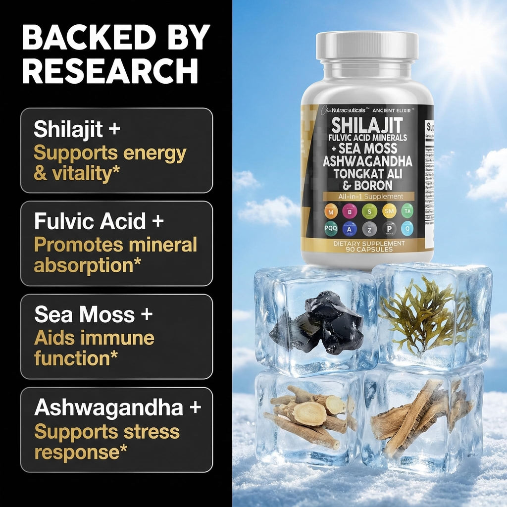 Clean Nutraceuticals Shilajit Supplement for Men with Sea Moss, Tongkat Ali, Ashwagandha, Boron, Zinc, CoQ10, PQQ - Fulvic Acid Capsules - Energy Support - 90 Count - Resin, Gummy & Powder Alternative - TrustMedUSA