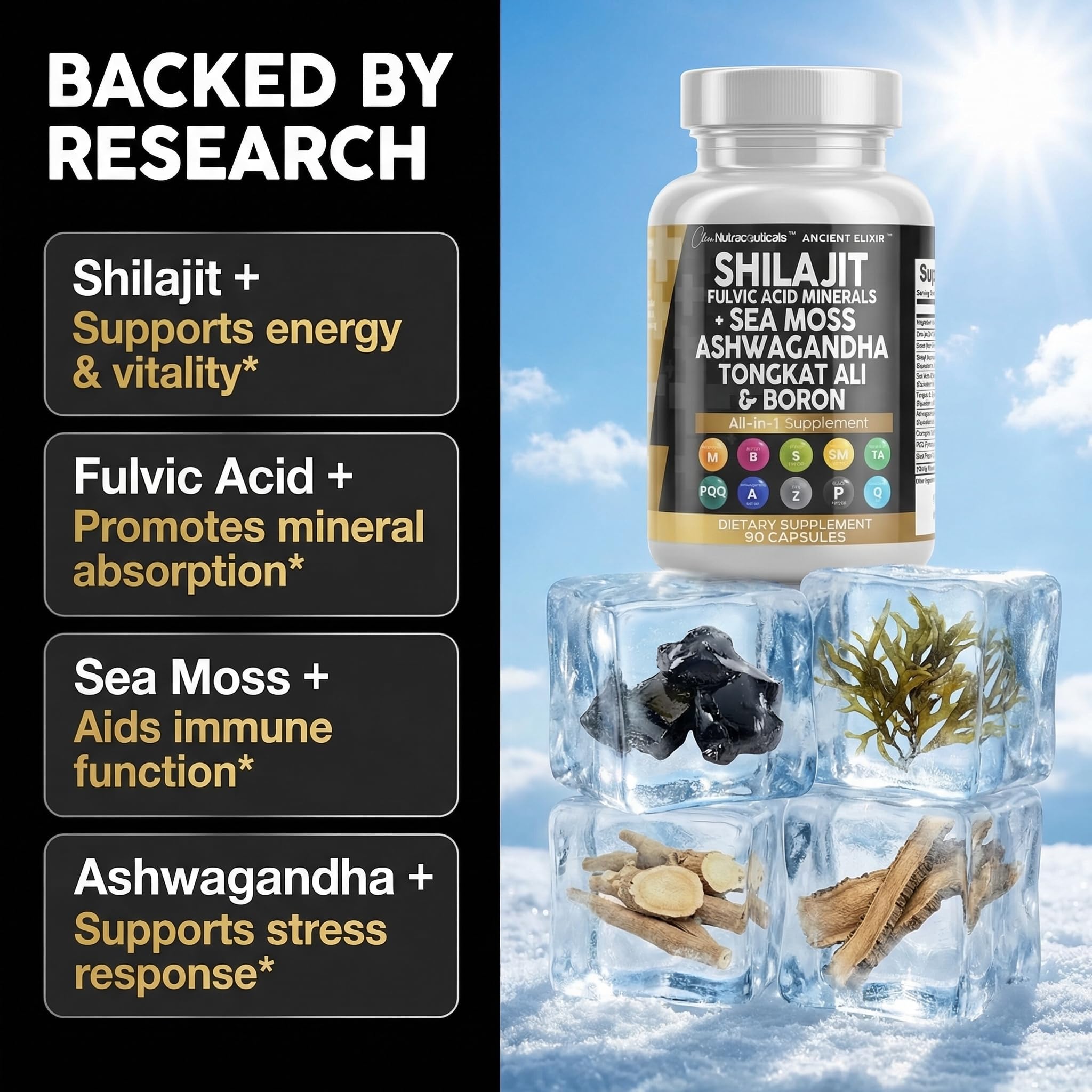 Clean Nutraceuticals Shilajit Supplement for Men with Sea Moss, Tongkat Ali, Ashwagandha, Boron, Zinc, CoQ10, PQQ - Fulvic Acid Capsules - Energy Support - 90 Count - Resin, Gummy & Powder Alternative - TrustMedUSA