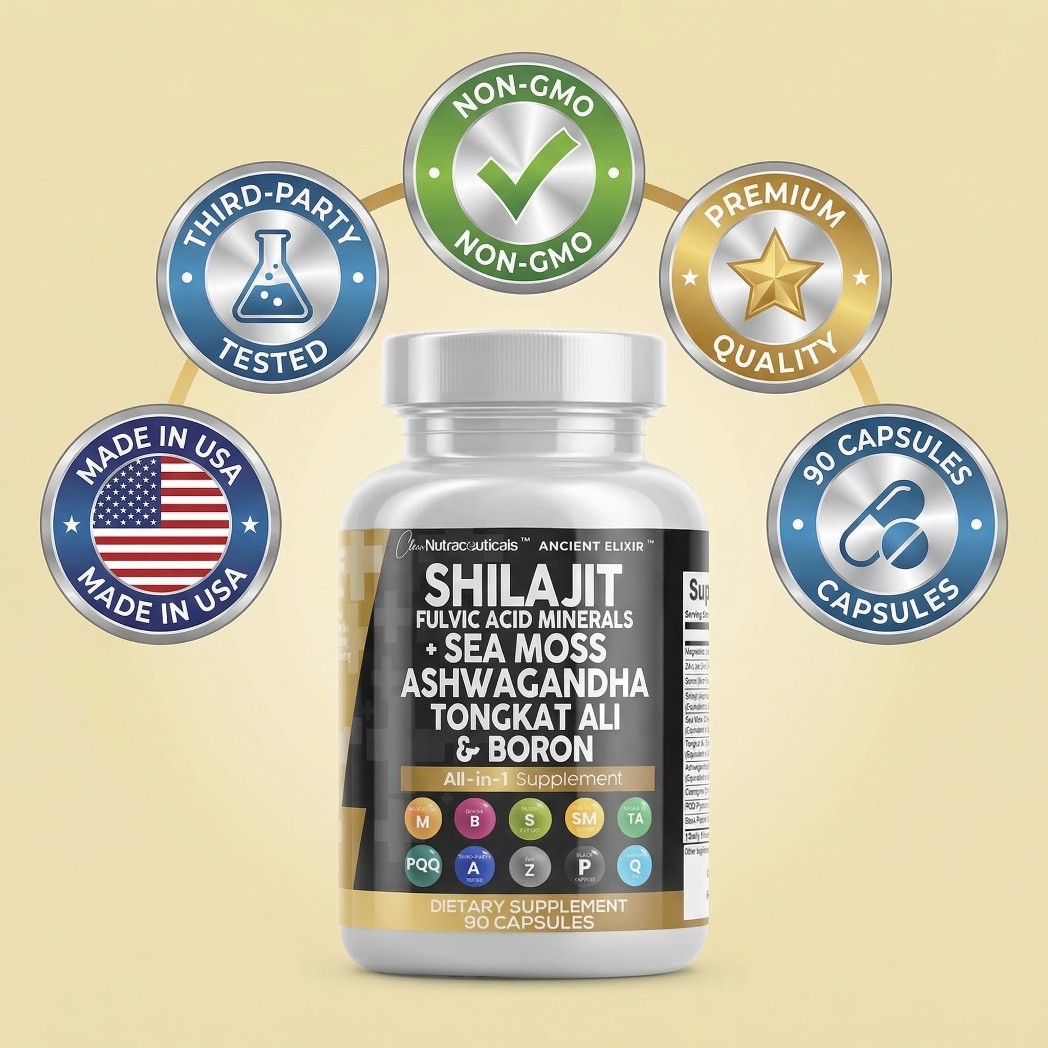 Clean Nutraceuticals Shilajit Supplement for Men with Sea Moss, Tongkat Ali, Ashwagandha, Boron, Zinc, CoQ10, PQQ - Fulvic Acid Capsules - Energy Support - 90 Count - Resin, Gummy & Powder Alternative - TrustMedUSA