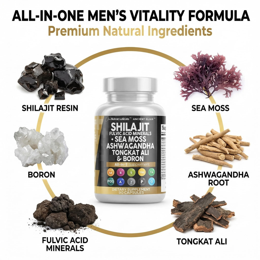 Clean Nutraceuticals Shilajit Supplement for Men with Sea Moss, Tongkat Ali, Ashwagandha, Boron, Zinc, CoQ10, PQQ - Fulvic Acid Capsules - Energy Support - 90 Count - Resin, Gummy & Powder Alternative - TrustMedUSA