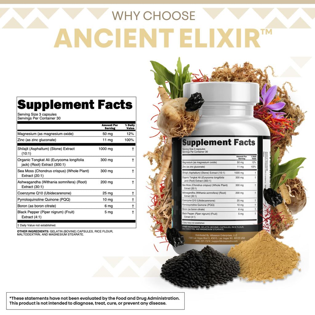 Clean Nutraceuticals Shilajit Supplement for Men with Sea Moss, Tongkat Ali, Ashwagandha, Boron, Zinc, CoQ10, PQQ - Fulvic Acid Capsules - Energy Support - 90 Count - Resin, Gummy & Powder Alternative - TrustMedUSA