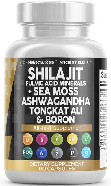 Clean Nutraceuticals Shilajit Supplement for Men with Sea Moss, Tongkat Ali, Ashwagandha, Boron, Zinc, CoQ10, PQQ - Fulvic Acid Capsules - Energy Support - 90 Count - Resin, Gummy & Powder Alternative - TrustMedUSA