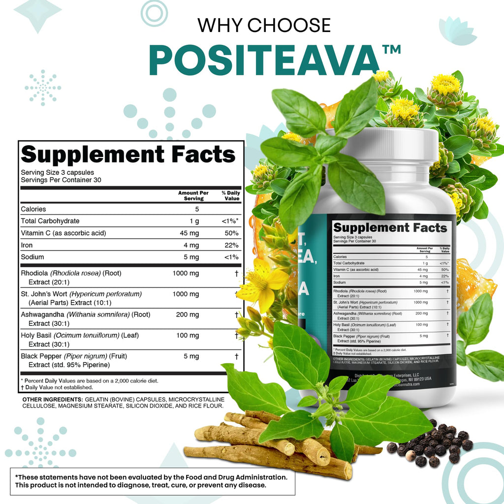 Clean Nutraceuticals St Johns Wort Rhodiola Rosea Holy Basil Ashwagandha - Mood Support for Women and Men with Vitamin C & Black Pepper Extract - 90 Caps - Maple Wellness Supplements