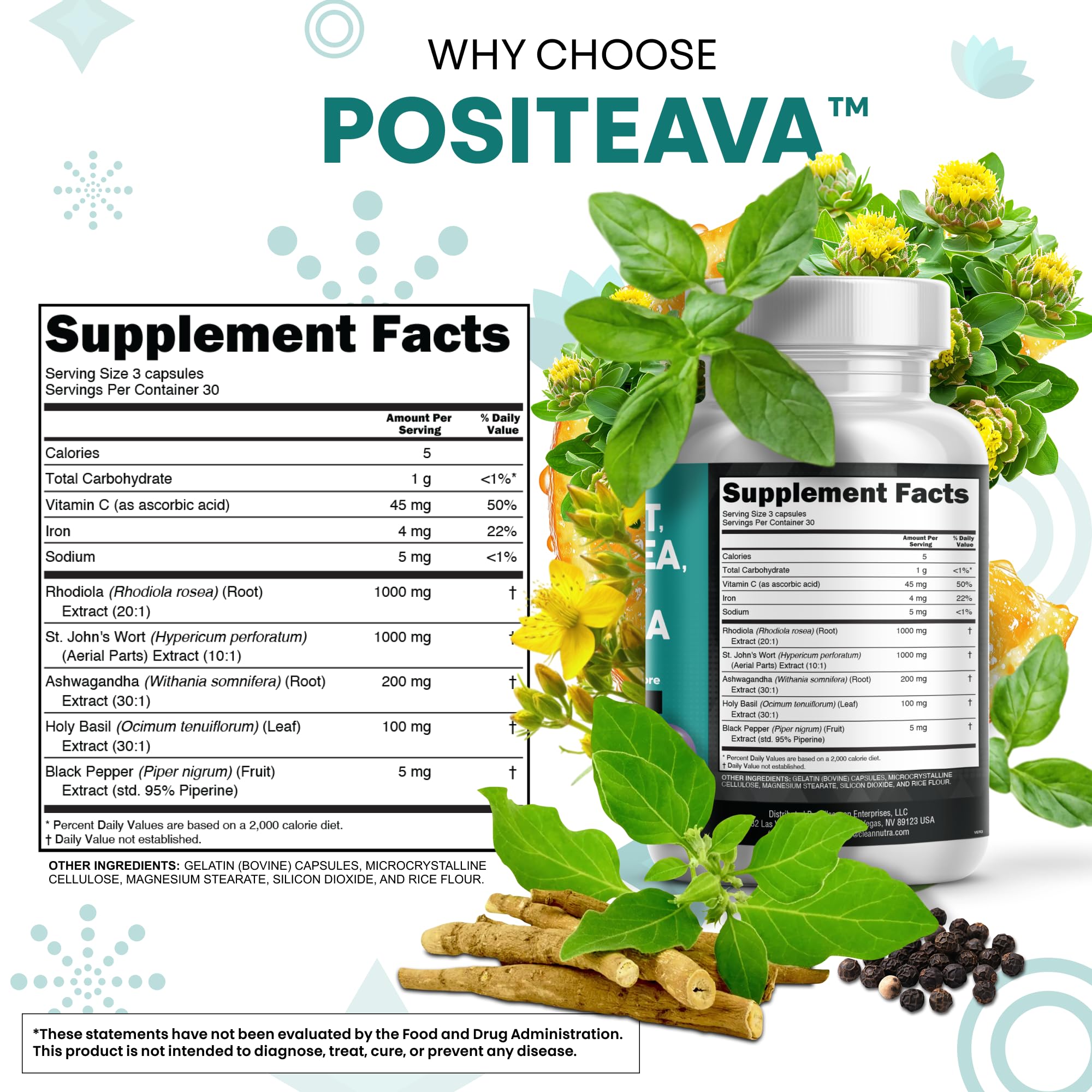 Clean Nutraceuticals St Johns Wort Rhodiola Rosea Holy Basil Ashwagandha - Mood Support for Women and Men with Vitamin C & Black Pepper Extract - 90 Caps - Maple Wellness Supplements