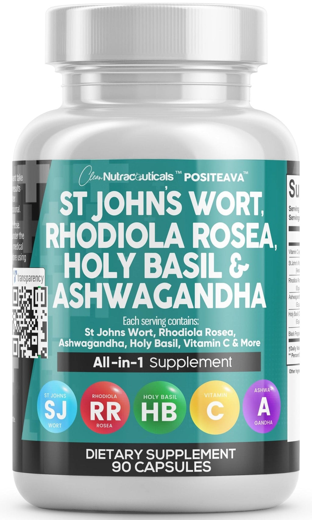 Clean Nutraceuticals St Johns Wort Rhodiola Rosea Holy Basil Ashwagandha - Mood Support for Women and Men with Vitamin C & Black Pepper Extract - 90 Caps - Maple Wellness Supplements