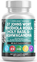 Clean Nutraceuticals St Johns Wort Rhodiola Rosea Holy Basil Ashwagandha - Mood Support for Women and Men with Vitamin C & Black Pepper Extract - 90 Caps - Maple Wellness Supplements