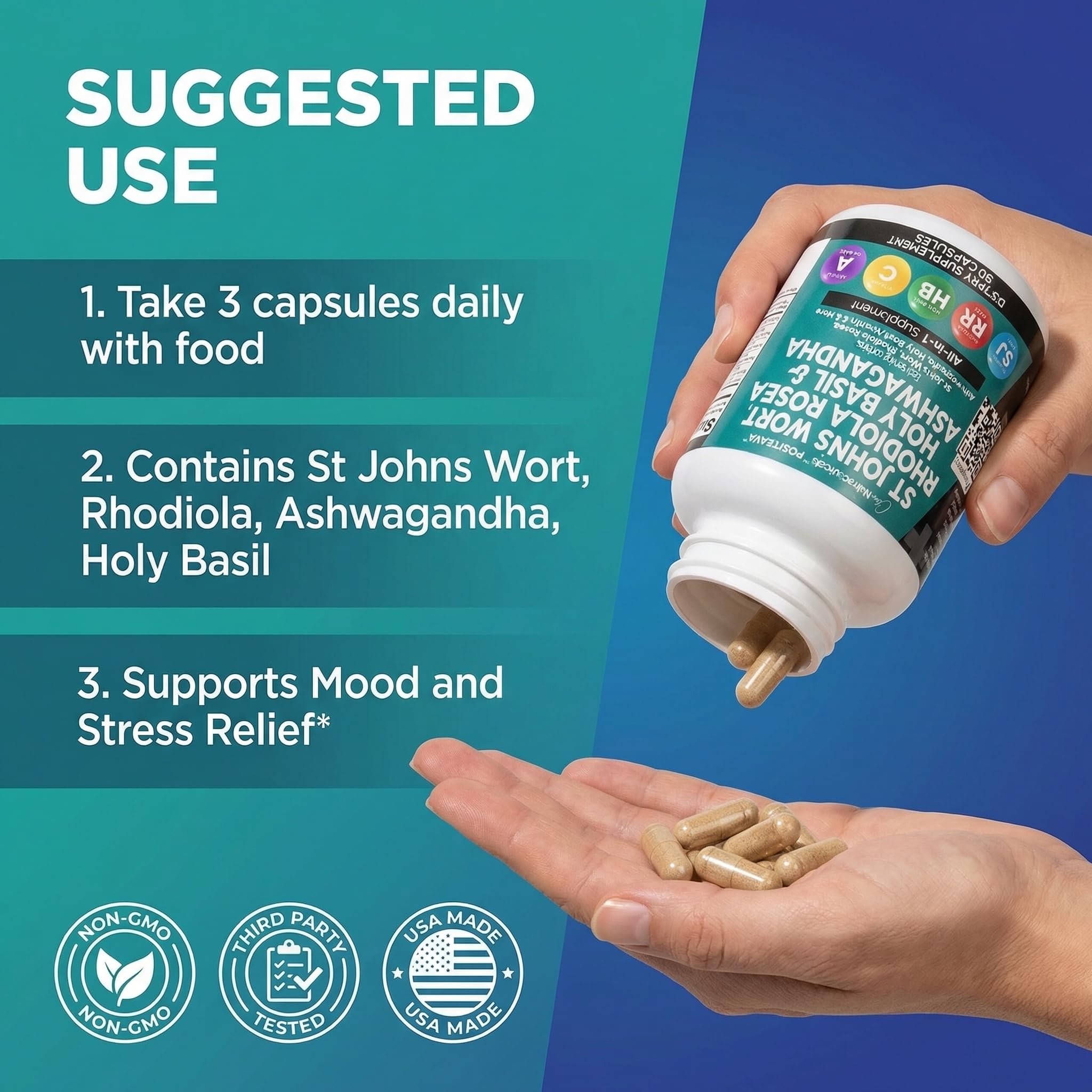 Clean Nutraceuticals St Johns Wort Rhodiola Rosea Holy Basil Ashwagandha - Mood Support for Women and Men with Vitamin C & Black Pepper Extract - 90 Caps - Maple Wellness Supplements
