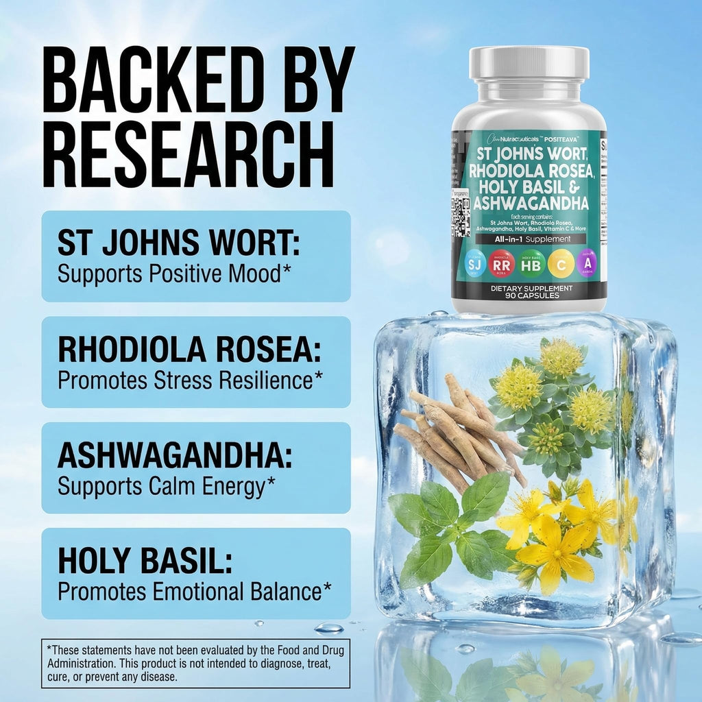 Clean Nutraceuticals St Johns Wort Rhodiola Rosea Holy Basil Ashwagandha - Mood Support for Women and Men with Vitamin C & Black Pepper Extract - 90 Caps - Maple Wellness Supplements