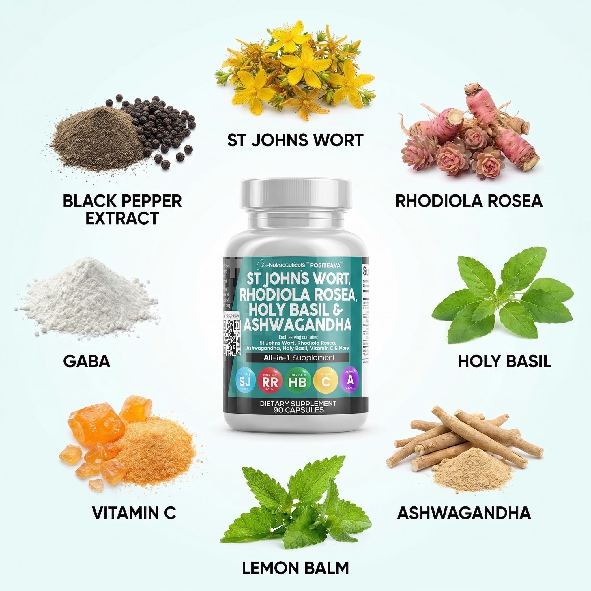 Clean Nutraceuticals St Johns Wort Rhodiola Rosea Holy Basil Ashwagandha - Mood Support for Women and Men with Vitamin C & Black Pepper Extract - 90 Caps - Maple Wellness Supplements