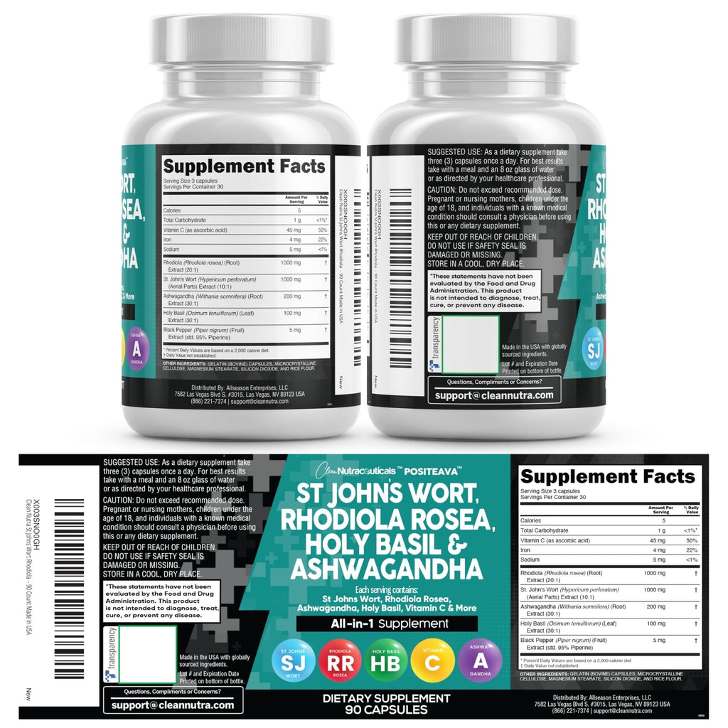 Clean Nutraceuticals St Johns Wort Rhodiola Rosea Holy Basil Ashwagandha - Mood Support for Women and Men with Vitamin C & Black Pepper Extract - 90 Caps - Maple Wellness Supplements