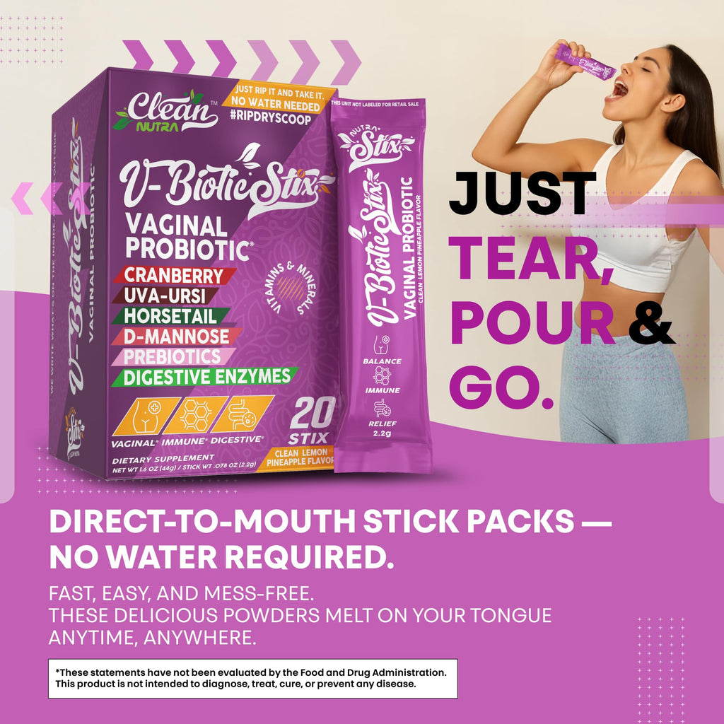 Clean Nutraceuticals Vaginal Probiotics for Women with Cranberry Extract, D-Mannose, Prebiotics, pH Balance for Women, Vaginal Health – Womens Probiotic Alternative to Gummies - 20 Stix - TrustMedUSA