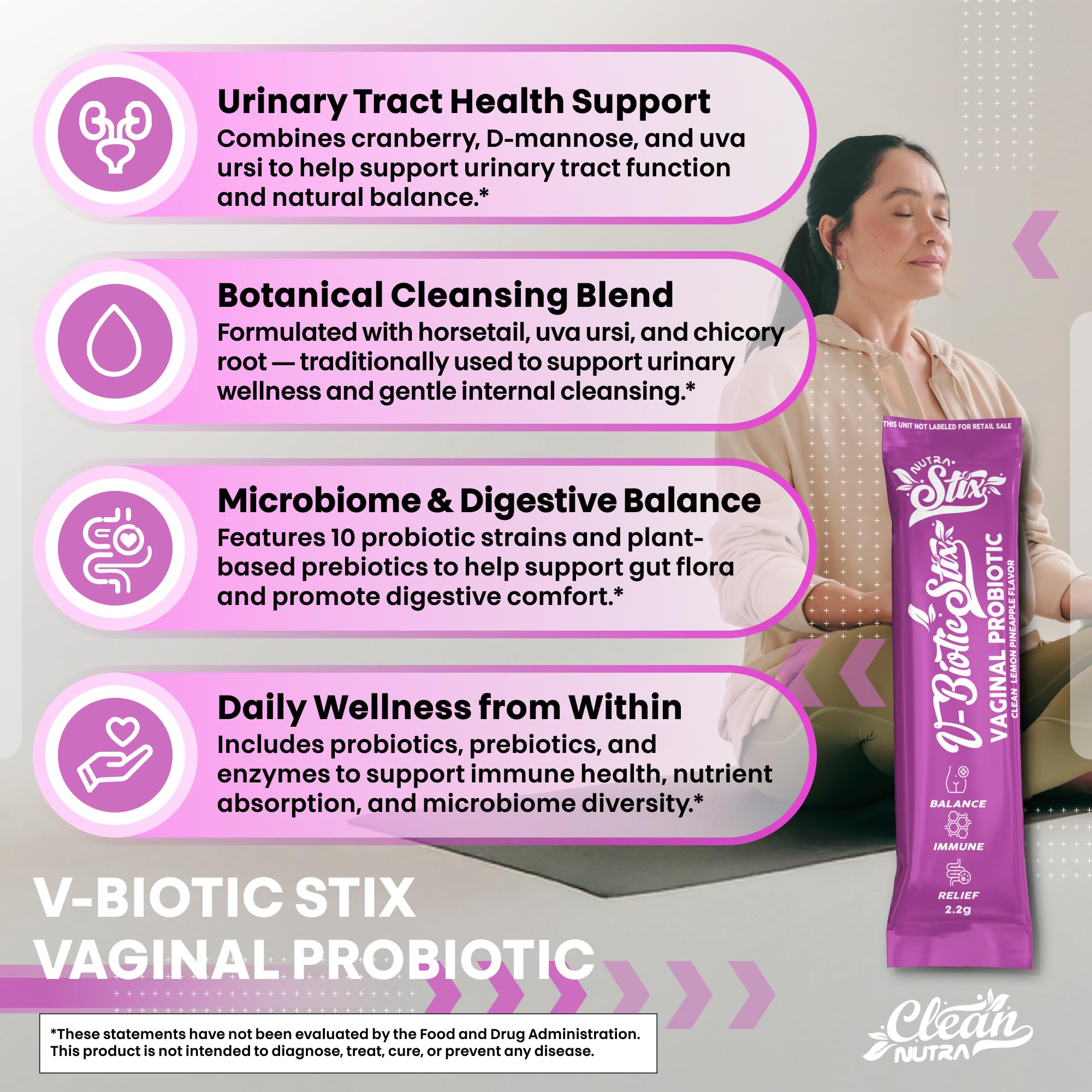 Clean Nutraceuticals Vaginal Probiotics for Women with Cranberry Extract, D-Mannose, Prebiotics, pH Balance for Women, Vaginal Health – Womens Probiotic Alternative to Gummies - 20 Stix - TrustMedUSA