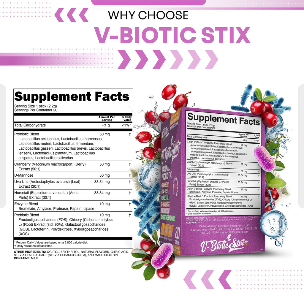 Clean Nutraceuticals Vaginal Probiotics for Women with Cranberry Extract, D-Mannose, Prebiotics, pH Balance for Women, Vaginal Health – Womens Probiotic Alternative to Gummies - 20 Stix - TrustMedUSA