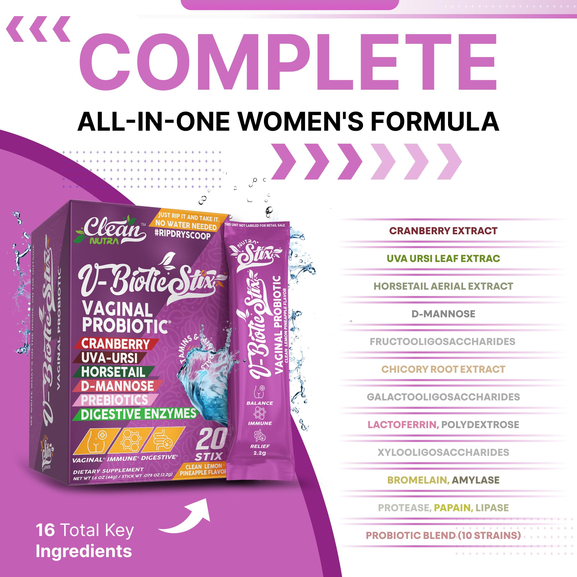 Clean Nutraceuticals Vaginal Probiotics for Women with Cranberry Extract, D-Mannose, Prebiotics, pH Balance for Women, Vaginal Health – Womens Probiotic Alternative to Gummies - 20 Stix - TrustMedUSA