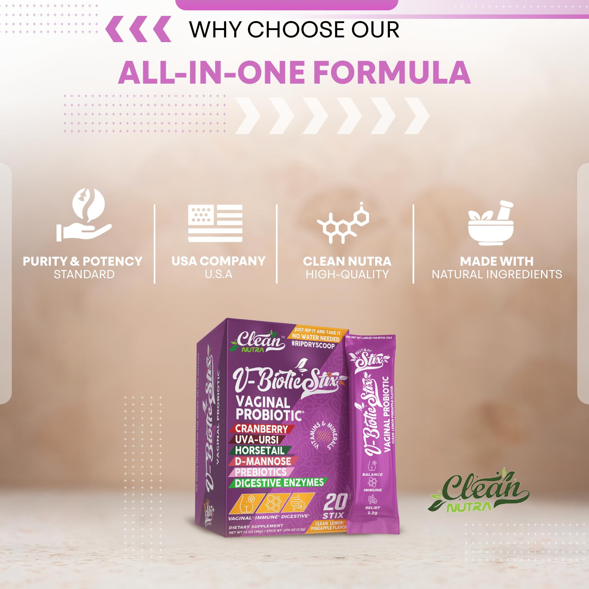 Clean Nutraceuticals Vaginal Probiotics for Women with Cranberry Extract, D-Mannose, Prebiotics, pH Balance for Women, Vaginal Health – Womens Probiotic Alternative to Gummies - 20 Stix - TrustMedUSA