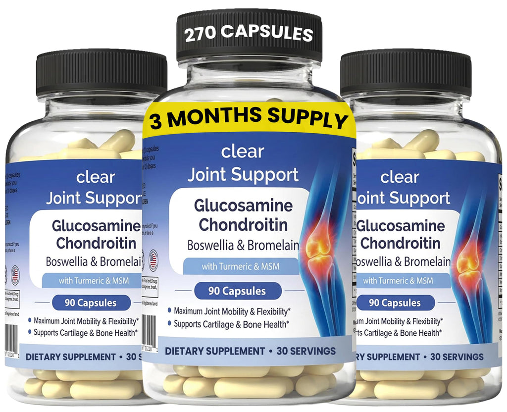 Clear Joint Support - 3-Month Supply | 3-Pack (270 Capsules) | Glucosamine Chondroitin MSM, Turmeric & Boswellia | Supports Knee, Hip & Back Health | Made in USA - TrustMedUSA
