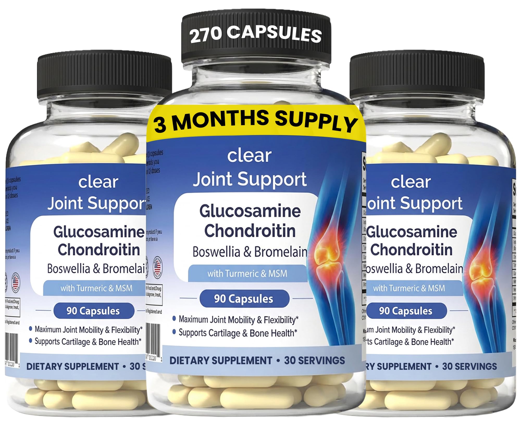 Clear Joint Support - 3-Month Supply | 3-Pack (270 Capsules) | Glucosamine Chondroitin MSM, Turmeric & Boswellia | Supports Knee, Hip & Back Health | Made in USA - TrustMedUSA