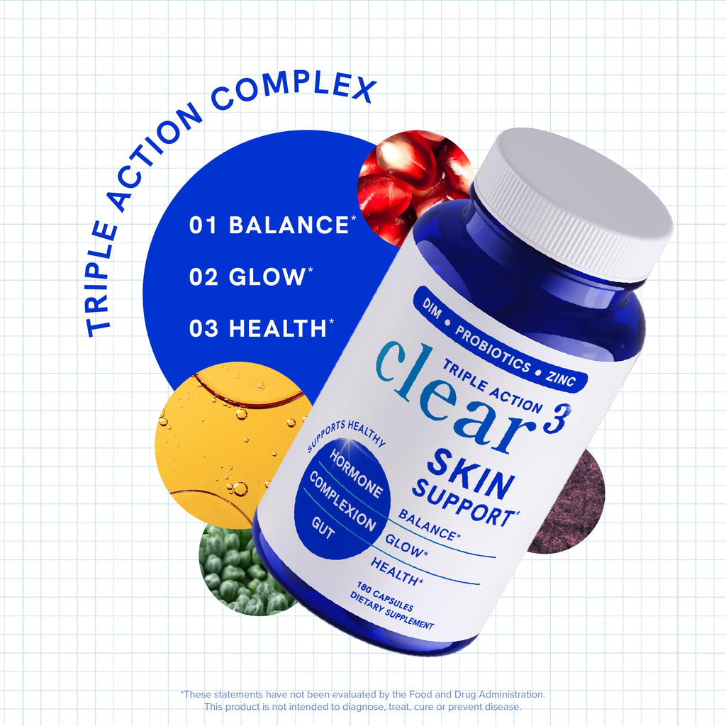 Clear Skin Supplement with Zinc, DIM & Probiotics | 3-in-1 Balance, Glow & Health Skin Support | Triple Action Hyaluronic Acid, Niaciminide & Vitamins for Hormone, Complexion & Gut Support | 180 Ct - TrustMedUSA