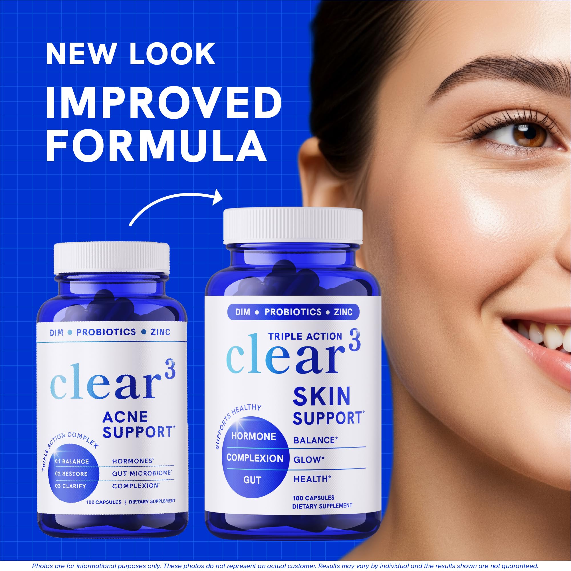 Clear Skin Supplement with Zinc, DIM & Probiotics | 3-in-1 Balance, Glow & Health Skin Support | Triple Action Hyaluronic Acid, Niaciminide & Vitamins for Hormone, Complexion & Gut Support | 180 Ct - TrustMedUSA