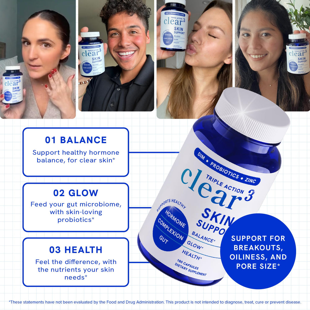 Clear Skin Supplement with Zinc, DIM & Probiotics | 3-in-1 Balance, Glow & Health Skin Support | Triple Action Hyaluronic Acid, Niaciminide & Vitamins for Hormone, Complexion & Gut Support | 180 Ct - TrustMedUSA