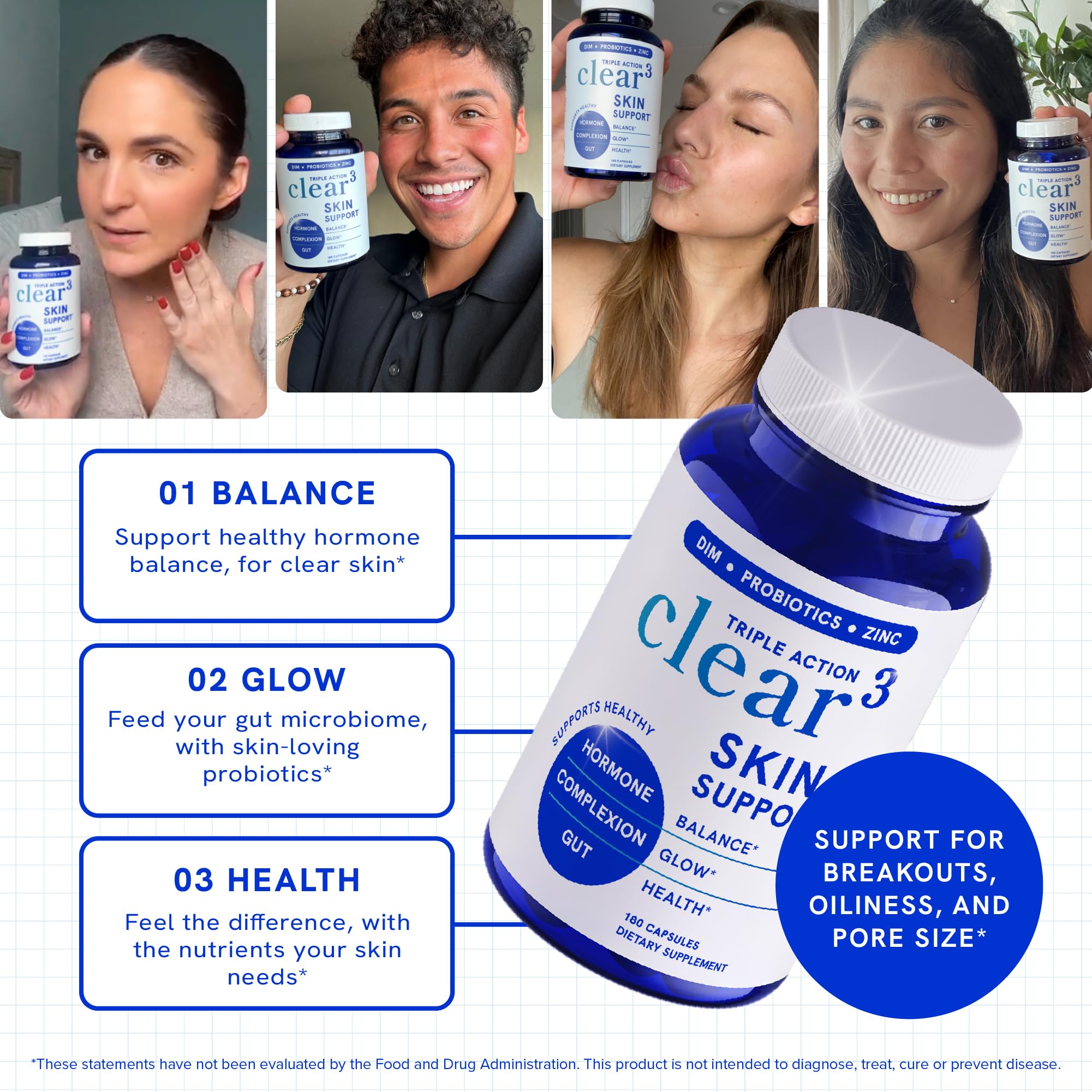 Clear Skin Supplement with Zinc, DIM & Probiotics | 3-in-1 Balance, Glow & Health Skin Support | Triple Action Hyaluronic Acid, Niaciminide & Vitamins for Hormone, Complexion & Gut Support | 180 Ct - TrustMedUSA