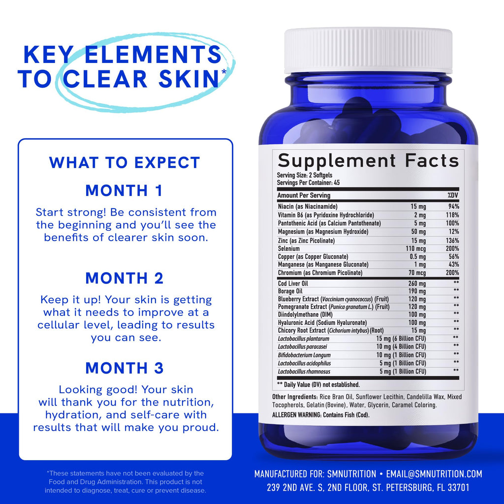Clear Skin Supplement with Zinc, DIM & Probiotics | 3-in-1 Balance, Glow & Health Skin Support | Triple Action Hyaluronic Acid, Niaciminide & Vitamins for Hormone, Complexion & Gut Support | 180 Ct - TrustMedUSA