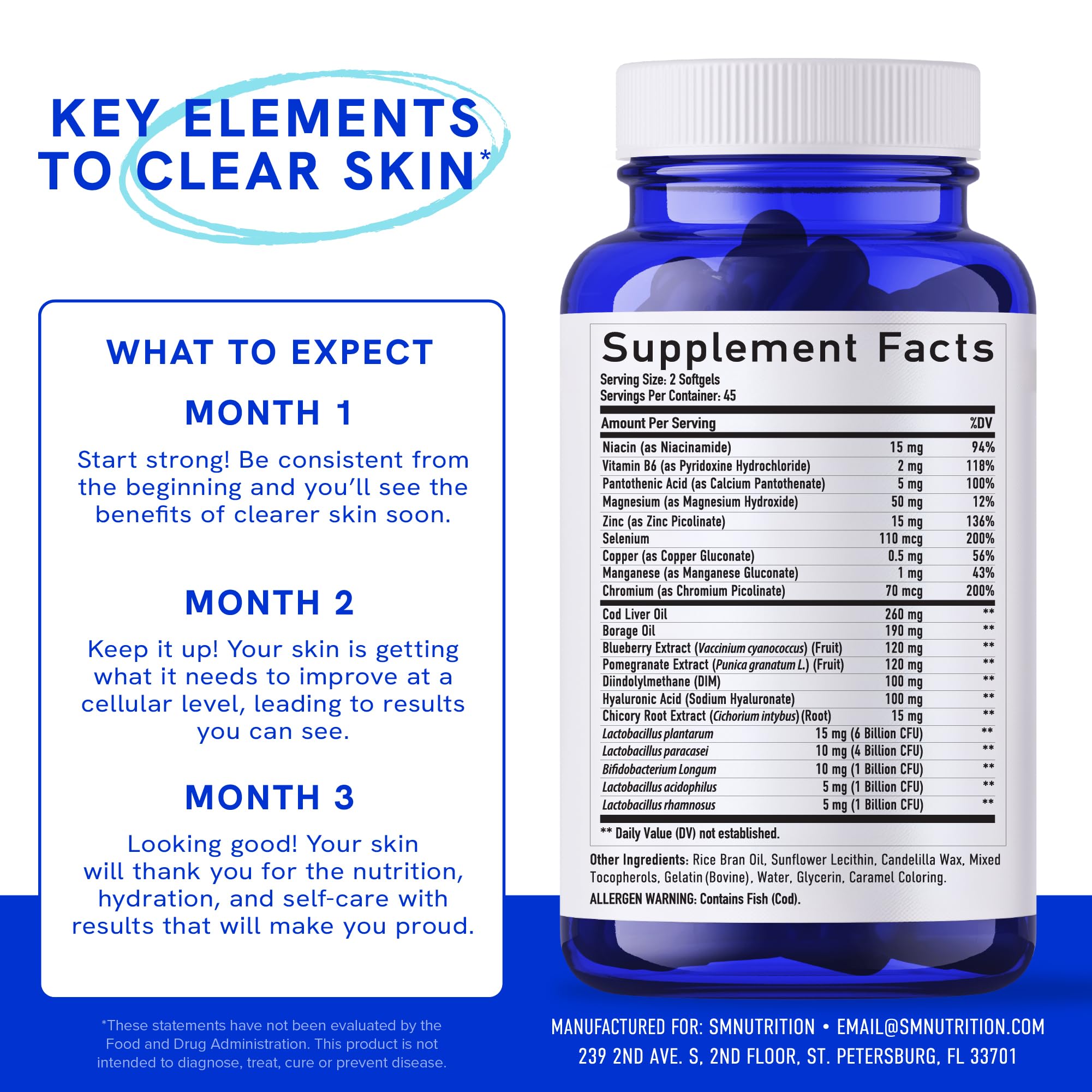 Clear Skin Supplement with Zinc, DIM & Probiotics | 3-in-1 Balance, Glow & Health Skin Support | Triple Action Hyaluronic Acid, Niaciminide & Vitamins for Hormone, Complexion & Gut Support | 180 Ct - TrustMedUSA