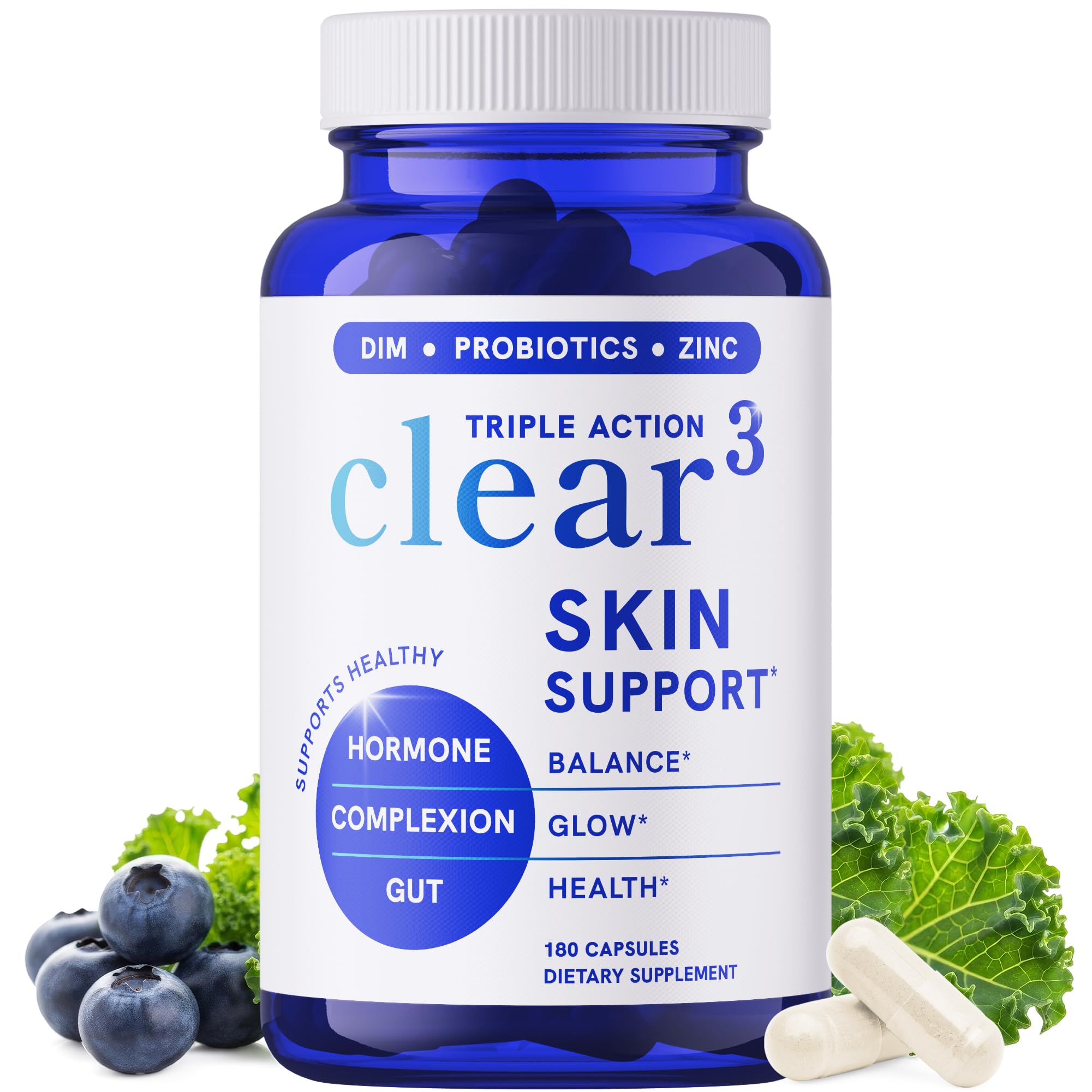 Clear Skin Supplement with Zinc, DIM & Probiotics | 3-in-1 Balance, Glow & Health Skin Support | Triple Action Hyaluronic Acid, Niaciminide & Vitamins for Hormone, Complexion & Gut Support | 180 Ct - TrustMedUSA