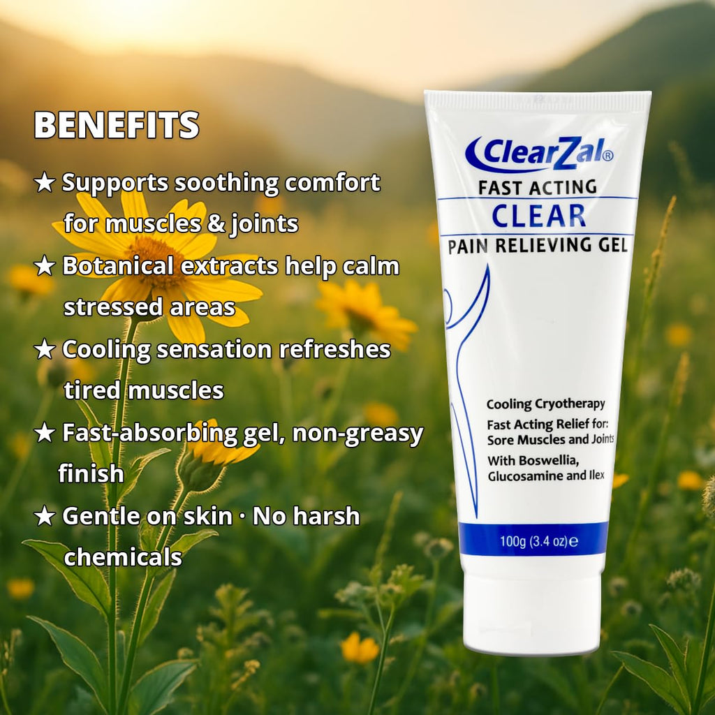 ClearZal Fast Acting Clear Pain Relieving Gel with Cooling Cryotherapy, Boswellia and Glucosamine for Sore Muscles and Joints, Soothing Cooling Gel 3.4 oz - TrustMedUSA