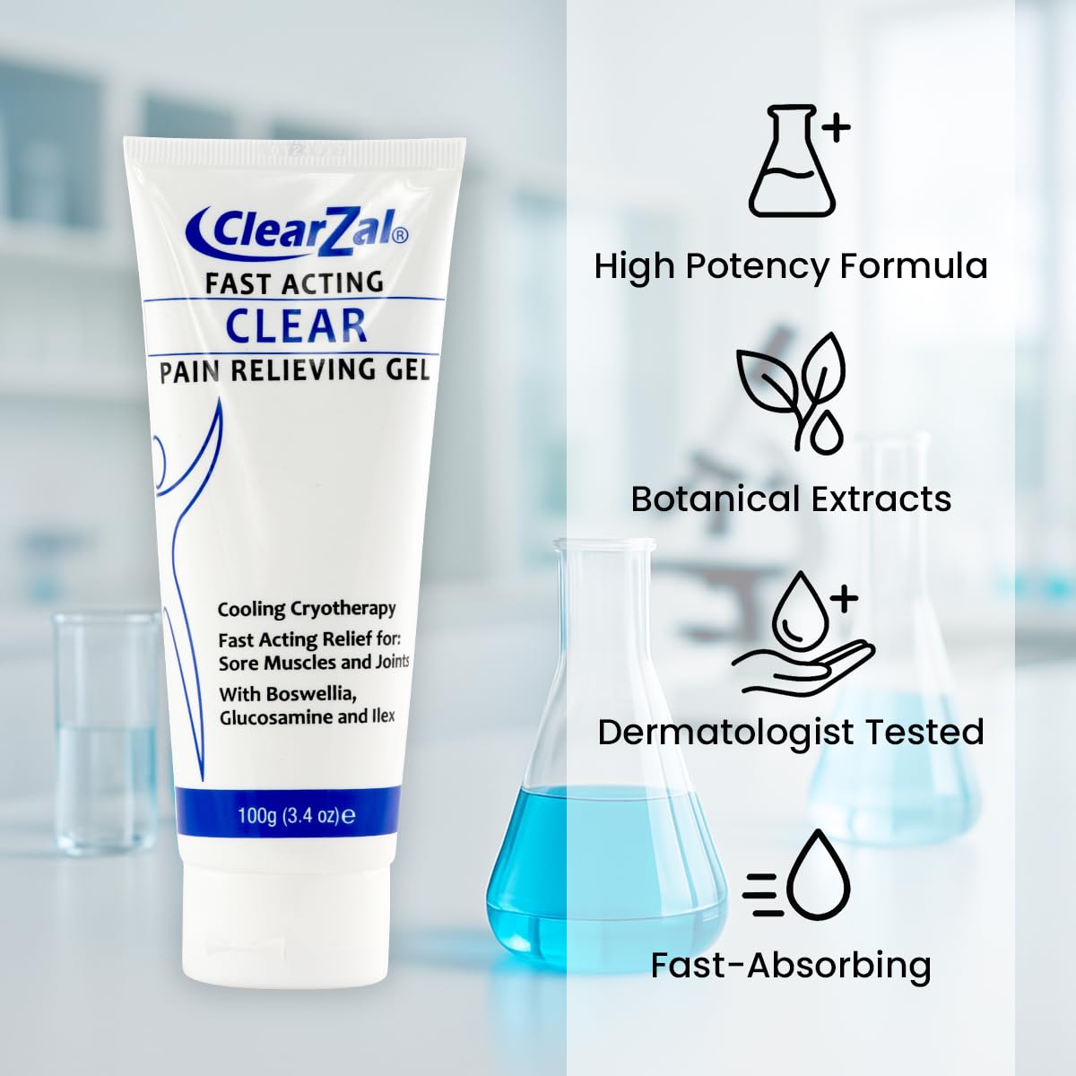 ClearZal Fast Acting Clear Pain Relieving Gel with Cooling Cryotherapy, Boswellia and Glucosamine for Sore Muscles and Joints, Soothing Cooling Gel 3.4 oz - TrustMedUSA