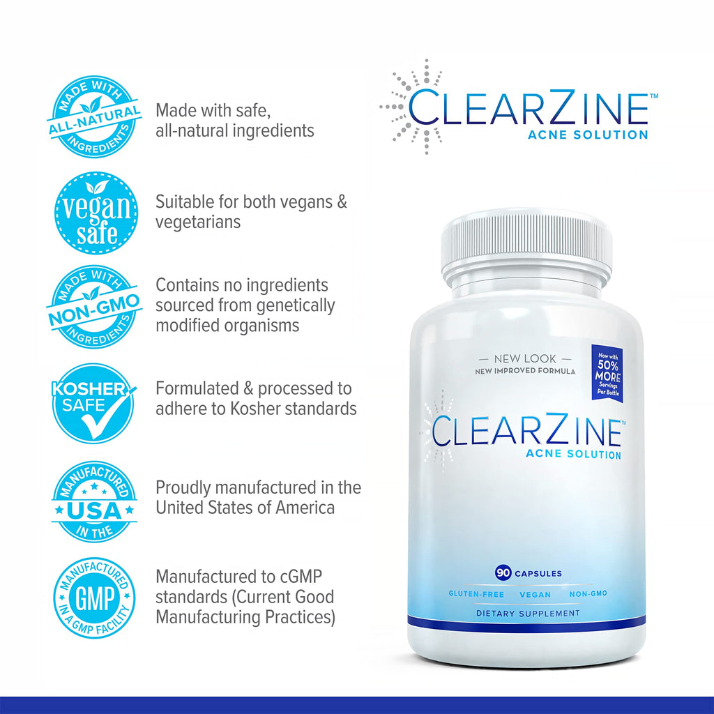 ClearZine Acne Pills for Teens & Adults | Clear Skin Supplement, Vitamins for Hormonal & Cystic Acne | Stop Breakouts, Oily Skin and Zits, 90 Caps - TrustMedUSA