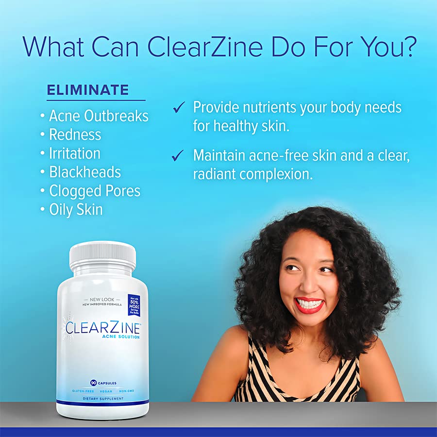 ClearZine Acne Pills for Teens & Adults | Clear Skin Supplement, Vitamins for Hormonal & Cystic Acne | Stop Breakouts, Oily Skin and Zits, 90 Caps - TrustMedUSA