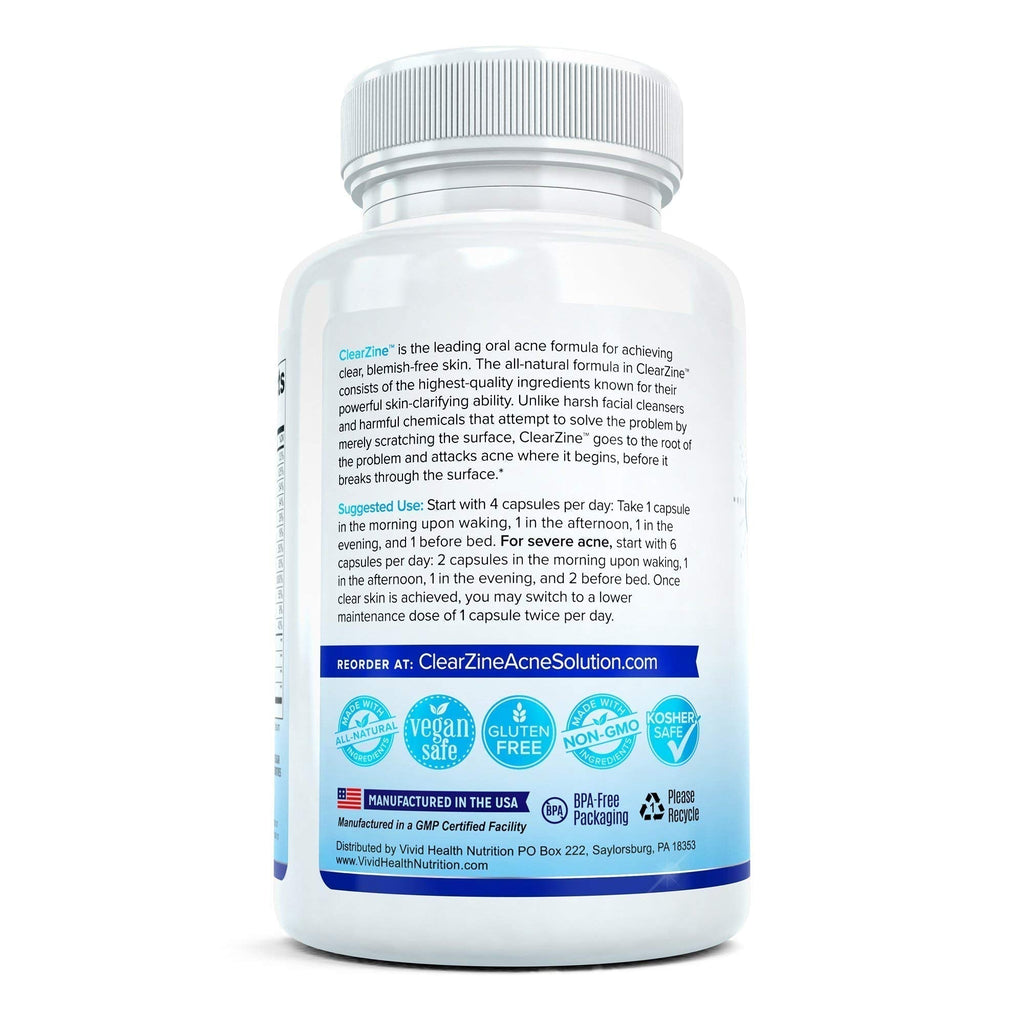 ClearZine Acne Pills for Teens & Adults | Clear Skin Supplement, Vitamins for Hormonal & Cystic Acne | Stop Breakouts, Oily Skin and Zits, 90 Caps - TrustMedUSA