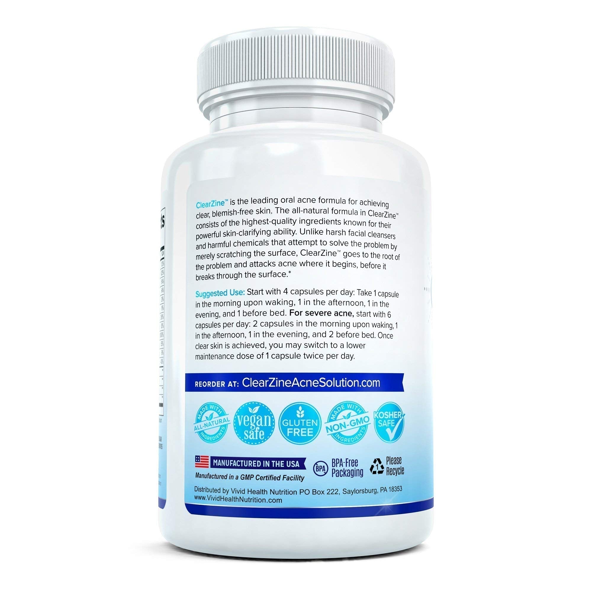 ClearZine Acne Pills for Teens & Adults | Clear Skin Supplement, Vitamins for Hormonal & Cystic Acne | Stop Breakouts, Oily Skin and Zits, 90 Caps - TrustMedUSA