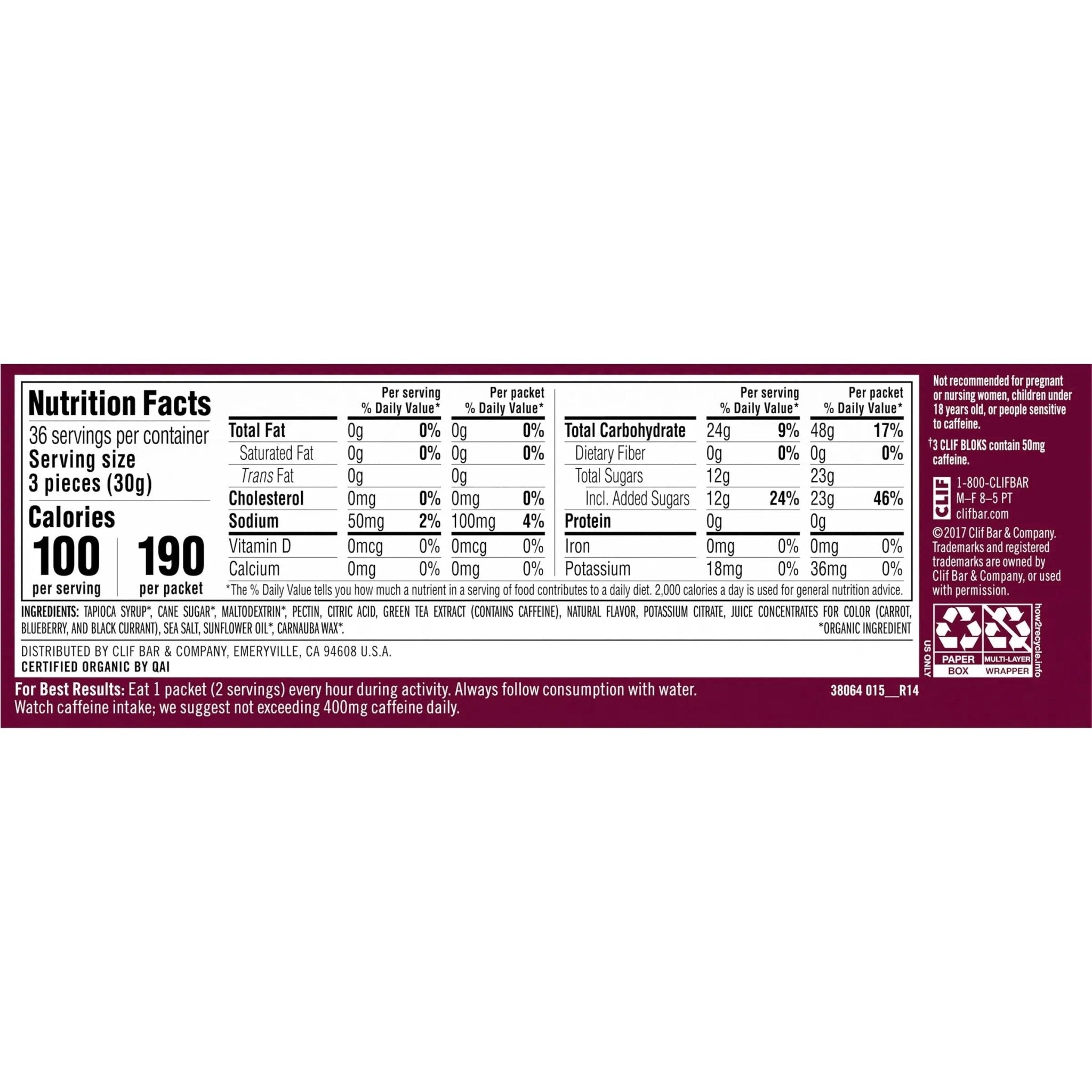 CLIF BLOKS - Black Cherry Flavor with Caffeine - Energy Chews - Non-GMO - TrustMedUSA